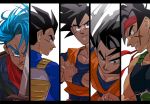  5boys armor bandana bangs bardock black_border black_eyes black_hair blue_eyes blue_hair border clenched_teeth close-up denim denim_jacket dougi dragon_ball dragon_ball_super dragon_ball_z face facial_scar facing_away father_and_son fighting_stance fingernails floating_hair from_above frown hands_clasped holding holding_sword holding_weapon jacket looking_away looking_back looking_down male_focus multiple_boys neckerchief own_hands_together panels profile red_headwear red_neckwear scar scar_on_cheek serious shaded_face simple_background smile son_gohan son_gokuu sword tako_jirou teeth trunks_(future)_(dragon_ball) upper_body vegeta weapon white_background wristband 