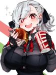  1girl asymmetrical_bangs bangs bendy_straw black_gloves black_ribbon blush breasts buttons condensation cup disposable_cup drinking_straw dripping eyebrows_visible_through_hair eyelashes fingerless_gloves food girls_frontline gloves hair_ribbon hamburger heart heart-shaped_pupils holding kairi630 large_breasts long_sleeves red_eyes red_neckwear ribbon saliva silver_hair solo sparkle spas-12_(girls_frontline) symbol-shaped_pupils upper_body 