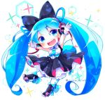  1girl arms_up bare_shoulders black_bow blue_eyes blue_hair blue_neckwear boot_bow boots bow cable chibi dress_bow hair_bow hair_ornament hatsune_miku headphones knee_boots layered_skirt leg_up long_hair looking_at_viewer magical_mirai_(vocaloid) necktie open_mouth outstretched_arms shirayuki_towa shirt short_necktie skirt smile solo sparkle standing standing_on_one_leg thighhighs twintails twitter_username very_long_hair vocaloid white_legwear white_shirt 