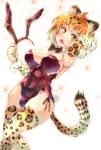  1girl animal_ears arm_up bangs bare_shoulders blonde_hair blush bow bowtie breasts bunny_ears bunny_girl bunny_tail bunnysuit cleavage detached_collar elbow_gloves eyebrows_visible_through_hair fake_animal_ears fang gloves highres imu_sanjo jaguar_(kemono_friends) jaguar_ears jaguar_print jaguar_tail kemono_friends large_breasts leotard looking_at_viewer multicolored_hair open_mouth red_leotard short_hair side-tie_leotard solo strapless strapless_leotard tail thighhighs wrist_cuffs yellow_eyes 