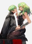  1boy 1girl arm_guards black_footwear black_legwear byleth_(fire_emblem) byleth_(fire_emblem)_(female) byleth_(fire_emblem)_(male) cape dual_persona eye_contact finger_to_another&#039;s_mouth fire_emblem fire_emblem:_three_houses green_hair high_heels highres legwear_under_shorts looking_at_another medium_hair nail_polish pantyhose patterned_clothing selfcest short_hair shorts simple_background sitting smile vic white_background 