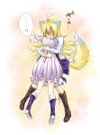  2girls animal_ears back_view blonde_hair boots fox_ears fox_tail highres hug kyuutou_(kyuutouryuu) long_hair multiple_girls original silver_hair tail thigh_boots thighhighs 