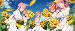  5girls absurdres ahoge bangs bare_shoulders blue_eyes blue_sky breasts brown_hair cleavage closed_mouth cloud dress eyebrows_visible_through_hair falling_petals flower frills go-toubun_no_hanayome hair_between_eyes hair_up halterneck highres holding holding_flower large_breasts long_hair looking_at_viewer medium_hair multiple_girls nakano_ichika nakano_itsuki nakano_miku nakano_nino nakano_yotsuba one_eye_closed open_mouth orange_hair outdoors pink_hair red_hair short_hair sidelocks sky smile spekkio36 standing sunflower sunflower_petals tongue tongue_out white_dress 