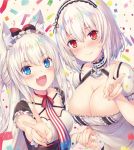  2girls absurdres akyorapenyo american_flag_neckwear anchor_choker animal_ear_fluff animal_ears apron azur_lane bangs black_dress blue_eyes blush bow breasts cat_ears choker closed_mouth collarbone commentary_request confetti dress eyebrows_visible_through_hair fang fingernails foreshortening frilled_choker frilled_sleeves frills hair_between_eyes hair_bow hair_intakes hammann_(azur_lane) hand_up highres holding_hands lace-trimmed_hairband large_breasts lips long_hair multiple_girls necktie open_mouth puffy_short_sleeves puffy_sleeves red_bow red_eyes shiny shiny_skin short_hair short_sleeves simple_background sirius_(azur_lane) skin_fang small_breasts smile tongue two-tone_dress upper_body v waist_apron white_dress white_hair wrist_cuffs 
