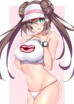  1girl bangs bare_shoulders blue_eyes blush border breasts brown_hair collarbone commentary_request crop_top double_bun gradient hair_between_eyes highres large_breasts long_hair looking_at_viewer mei_(pokemon) navel open_mouth panties pink_background pokemon pokemon_(game) pokemon_bw2 pokemon_masters sankakusui simple_background smile solo sparkle twintails underwear visor_cap watch white_border white_crop_top white_panties wristwatch 