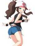  1girl aikawa_ryou ass bare_arms bare_shoulders baseball_cap black_jacket blue_eyes brown_hair commentary_request from_behind hat heart highres jacket long_hair looking_at_viewer poke_ball pokemon pokemon_(game) ponytail shirt short_shorts shorts simple_background touko_(pokemon) white_background white_shirt 
