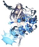  1girl bandages black_hair blood blue_eyes breasts circlet earrings flail full_body fur_trim hair_ornament hair_over_one_eye holding holding_weapon injury jewelry ji_no kaguya_hime_(sinoalice) large_breasts looking_at_viewer official_art sinoalice smoke solo transparent_background weapon 