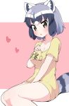  alternate_costume animal_ear_fluff animal_ears bare_legs between_legs blush brown_eyes clothes_writing commentary_request common_raccoon_(kemono_friends) cowboy_shot eyebrows_visible_through_hair hand_between_legs heart highres kemono_friends looking_at_viewer multicolored_hair raccoon_ears raccoon_tail shirt short_hair short_sleeves sitting t-shirt tail takosuke0624 translation_request white_hair 