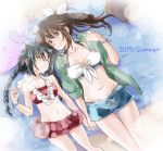  2girls alternate_hairstyle bare_shoulders beach bikini black_hair bracelet braid brown_eyes brown_hair closed_eyes frills front-tie_top hair_ribbon holding_hands hood hood_down hooded_jacket hoodie jacket jewelry long_hair lying minashiro_orihime multiple_girls navel on_back picnic_basket ponytail ribbon shorts sleeping sleeves_rolled_up smile soukyuu_no_fafner swimsuit tatekami_seri towel twin_braids yurariyurari 