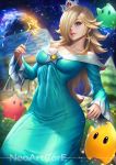  1girl artist_name blonde_hair blue_eyes breasts building chiko_(mario) cleavage covered_navel crown gem hair_over_one_eye hip_focus holding holding_wand lips long_hair mario_(series) medium_breasts night night_sky nudtawut_thongmai parted_lips pink_nails rosalina signature sky solo space standing star_wand super_mario_galaxy thighs tilted_headwear tree wand watermark 