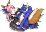  1girl absurdres animal_ear_fluff animal_ears blue_kimono blue_legwear blue_ribbon blush breasts breasts_outside cleavage eyebrows_visible_through_hair fate/extella fate/extra fate/extra_ccc fate/grand_order fate_(series) fox_ears fox_girl fox_tail hair_ribbon highres japanese_clothes kimono large_breasts nepsuka_(hachisuka) nipples no_bra panties pink_hair puffy_nipples ribbon simple_background solo striped striped_panties tail tamamo_(fate)_(all) tamamo_no_mae_(fate) underwear white_background yellow_eyes 