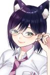  1girl animal_ears cat_ears extra_ears green_eyes hair_between_eyes kawai_rou looking_at_viewer mole mole_under_eye necktie nijisanji shirt shizuka_rin short_hair simple_background smile solo virtual_youtuber white_background white_shirt 