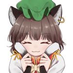  1girl :3 ^_^ animal_ear_fluff animal_ears bangs blush bow bowtie brown_hair cat_ears cat_tail chen closed_eyes commentary_request dtvisu earrings eyebrows_visible_through_hair facing_viewer green_headwear hands_up hat holding_own_tail jewelry mob_cap multiple_tails nekomata partial_commentary portrait red_vest ribbon shirt short_hair simple_background smile solo tail touhou two_tails vest white_background white_shirt yellow_bow yellow_neckwear yellow_ribbon 