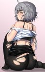  1girl ahoge ass bare_shoulders black_bra black_legwear black_skirt bra bracelet breasts chain character_request collar fortnite from_behind full_body grey_hair half-closed_eyes highres jewelry kevbot looking_at_viewer looking_back mole mole_under_eye off_shoulder pencil_skirt short_hair simple_background skirt skirt_lift solo spiked_bracelet spiked_collar spikes torn_clothes torn_legwear underwear white_background yellow_eyes 