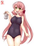  1girl akashi_(kantai_collection) alternate_costume artist_logo asahi_breweries ass_visible_through_thighs beer_can black_swimsuit breasts can collarbone commentary_request competition_school_swimsuit covered_navel dated green_eyes hair_ribbon highres kanon_(kurogane_knights) kantai_collection leaning_to_the_side long_hair medium_breasts pink_hair ribbon school_swimsuit simple_background solo standing swimsuit tress_ribbon white_background 