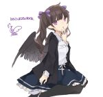  1girl alternate_costume bangs black_hair black_jacket black_legwear black_wings blue_skirt casual commentary_request contemporary feathered_wings feet_out_of_frame hair_ribbon hand_up high_heels himekaidou_hatate jacket long_hair long_sleeves looking_at_viewer open_clothes open_jacket pantyhose parted_lips petticoat pointy_ears purple_eyes purple_ribbon ribbon shirt signature simple_background sitting skirt solo touhou toutenkou translation_request wariza white_background white_footwear white_shirt wings 