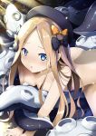  1girl abigail_williams_(fate/grand_order) absurdres bangs black_bow black_headwear blonde_hair blue_eyes blush bow breasts commentary_request fate/grand_order fate_(series) hair_bow hat highres jie_laite long_hair looking_at_viewer nude orange_bow parted_bangs small_breasts solo tentacles 