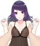  1boy 1girl bangs bare_arms bare_shoulders blurry blush breast_squeeze breasts cleavage closed_eyes collarbone depth_of_field diagonal_bangs eyebrows_visible_through_hair fingernails highres idolmaster idolmaster_shiny_colors large_breasts long_hair nail_polish nightgown nipples pink_lips pov purple_eyes purple_hair purple_nails school_uniform serafuku smile solo_focus sunaba_suzume tanaka_mamimi upper_body w_arms 