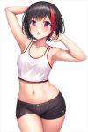  1girl :o arm_behind_head armpits arms_up bang_dream! bare_arms bare_shoulders black_hair black_shorts blush breasts collarbone cowboy_shot crop_top lambda_(kusowarota) medium_breasts midriff mitake_ran multicolored_hair navel open_mouth purple_eyes red_hair shirt short_hair short_shorts shorts sleeveless sleeveless_shirt solo streaked_hair sweat tank_top white_shirt 