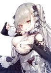  1girl :o azur_lane bangs bare_shoulders between_breasts black_dress black_nails blush breast_suppress breasts cleavage cowboy_shot dress earrings eyebrows_visible_through_hair formidable_(azur_lane) frilled_dress frills grey_hair hair_ornament hair_ribbon head_tilt holding_teapot jewelry kurenai_musume large_breasts long_hair long_sleeves looking_at_viewer red_eyes ribbon rigging simple_background solo twintails white_background 