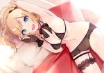  1girl :d armpits bangs black_bow black_bra black_gloves black_neckwear black_panties blonde_hair blue_eyes bow bra breasts fingerless_gloves gloves hair_bow hand_on_own_cheek idolmaster idolmaster_cinderella_girls idolmaster_cinderella_girls_starlight_stage lace leg_garter lingerie long_hair looking_at_viewer lying medium_breasts micro_bra navel obybuss on_side ootsuki_yui open_mouth panties pink_nails ponytail smile solo swept_bangs underwear underwear_only wavy_hair 