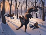  2012 avian bird black_fur black_lips black_nose canid canine day detailed_background digital_media_(artwork) feathered_wings feathers feral forest fox fur katie_hofgard lips mammal open_mouth outside smile snow teeth tongue tree wings yellow_eyes 