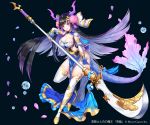  applecaramel_(acaramel) black_hair boots breasts bubbles chain cleavage dress elbow_gloves gloves horns kurokishi_to_shiro_no_maou long_hair petals purple_eyes spear tail thighhighs weapon 