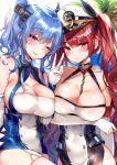  2girls ;) ahoge azur_lane bangs bare_shoulders between_breasts black_choker black_dress black_ribbon blue_dress blue_hair blush breast_hold breasts chain choker cleavage commentary_request dress elbow_gloves eyebrows_visible_through_hair garter_straps gloves grin hair_between_eyes hair_ornament hair_ribbon halterneck hand_up hat head_tilt highres honolulu_(azur_lane) large_breasts long_hair looking_at_viewer mirei multiple_girls one_eye_closed parted_lips peaked_cap purple_eyes red_hair ribbon short_dress sleeveless sleeveless_dress smile st._louis_(azur_lane) thighhighs twintails upper_body v white_background white_gloves zettai_ryouiki 