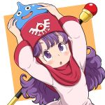  1girl blush commentary_request curly_hair dragon_quest dragon_quest_ii dress highres hood long_hair long_sleeves open_mouth princess_of_moonbrook purple_eyes purple_hair slime_(dragon_quest) yazwo 