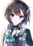  &gt;:( 1girl ascot bangs black_hair black_jacket blue_flower blue_rose blush brooch closed_mouth commentary_request eyebrows_visible_through_hair flower hair_ornament idolmaster idolmaster_cinderella_girls idolmaster_cinderella_girls_starlight_stage jacket jewelry light_frown looking_at_viewer purple_eyes rose shirayuki_chiyo short_hair simple_background solo sutoroa upper_body v-shaped_eyebrows white_background white_jacket white_neckwear 