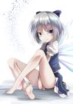  1girl bare_legs blue_dress blue_eyes blue_hair bow cirno commentary dress feet frown hair_bow highres kurona looking_at_viewer no_panties short_hair solo touhou wings 