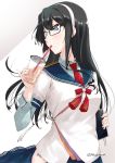  1girl black_hair blush bubble_tea dress_shirt drinking drinking_straw glasses grey_eyes hairband kantai_collection long_hair mikage_takashi necktie notebook ooyodo_(kantai_collection) school_uniform serafuku shirt skirt solo 