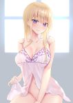  1girl backlighting bare_arms bare_shoulders blonde_hair blush bottomless breasts cleavage closed_mouth collarbone highres holding large_breasts lingerie long_hair looking_at_viewer navel negligee original piripun purple_eyes sidelocks smile solo underwear window 