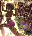  1boy 1girl black_hair bracelet breasts brown_hair claws clenched_hands dark_skin fangs flexing gen_2_pokemon gen_7_pokemon jewelry lycanroc lychee_(pokemon) muscle pokemoa pokemon pokemon_(game) pokemon_masters pose red_eyes rock short_shorts shorts sideboob smile spiked_hair takeshi_(pokemon) thighlet tyranitar 