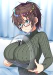  1girl aqua_eyes blush breasts brown_hair closed_mouth curtains eyebrows_visible_through_hair getsuyoubi_no_tawawa glasses hair_between_eyes highlights highres kakyou-san_(tawawa) large_breasts long_sleeves looking_to_the_side math messy_hair multicolored_hair presenting protractor ribbed_sweater short_hair simple_background single_sidelock solo sweater turtleneck turtleneck_sweater wall 