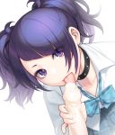  1girl bangs blue_bow bow choker commentary_request cum diagonal_bangs eyebrows_visible_through_hair holding idolmaster idolmaster_shiny_colors looking_at_viewer penis purple_eyes purple_hair shirt skirt solo_focus sunaba_suzume tagme tanaka_mamimi tongue tongue_out twintails white_shirt 
