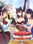  4girls :d alcohol animal_ears aqua_dress aqua_gloves arm_up armpits atago_(azur_lane) azur_lane bangs bare_shoulders black_dress black_hair black_legwear blue_dress blue_sky blush bow breasts brown_eyes cake choker choukai_(azur_lane) cleavage closed_mouth cloud cup curtains day dress elbow_gloves extra_ears eyebrows_visible_through_hair floral_print flower food gloves gold hair_between_eyes hair_bow hair_flaps hair_flower hair_ornament hair_ribbon holding holding_cup jewelry katana large_breasts leaning_forward light_particles long_hair looking_at_viewer mappaninatta maya_(azur_lane) mole mole_under_eye multicolored multicolored_clothes multicolored_dress multiple_girls necklace open_mouth ponytail ribbon sheath sheathed sitting sky smile strapless strapless_dress sunlight swept_bangs sword takao_(azur_lane) very_long_hair weapon window yellow_gloves 
