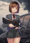  1girl bangs black_hairband brown_hair car closed_mouth cloud cloudy_sky cowboy_shot extra_ears grey_jacket grey_skirt ground_vehicle gun gunslinger_girl hairband henrietta_(gunslinger_girl) holding holding_gun holding_weapon jacket kws long_sleeves looking_away looking_down miniskirt motor_vehicle neck_ribbon open_clothes open_jacket outdoors parted_bangs pleated_skirt red_neckwear red_ribbon ribbon short_hair signature skirt sky solo trigger_discipline weapon weapon_request yellow_eyes 