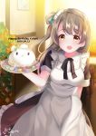  1girl absurdres apron bangs birthday breasts commentary depe eyebrows_visible_through_hair happy_birthday highres light_brown_hair long_hair love_live! love_live!_school_idol_project maid medium_breasts minami_kotori minami_kotori_(bird) one_side_up solo wonder_zone yellow_eyes 