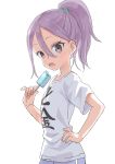  1girl absurdres bangs blush brown_eyes clothes_writing commentary_request fingernails food hair_between_eyes hand_on_hip high_ponytail highres holding holding_food looking_at_viewer open_mouth pants parted_bangs ponytail popsicle purple_hair purple_pants round_teeth shirt short_sleeves shougi_no_yatsu simple_background solo teeth upper_teeth white_background white_shirt yamamoto_souichirou yaotome_urushi 
