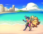  2019 anthro anthrofied beach big_breasts bikini bill_(skybluefox) blonde_hair blue_fur blush breasts canid canine city clothed clothing cloud day-t digitigrade duo eyes_closed female fur hair huge_breasts lighthouse long_hair lucario mammal mountain multi_tail ninetales nintendo open_mouth outside pok&eacute;mon pok&eacute;mon_(species) pok&eacute;morph ponytail red_eyes romantic_couple rose_(skybluefox) sarong sea seaside sky smile swimming_trunks swimwear thick_thighs video_games voluptuous walking water 