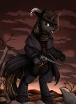  2019 absurd_res biped cigarette clothing equid equine fan_character gun hat headgear headwear hi_res horn male mammal my_little_pony pridark ranged_weapon ruins signature smoking solo unicorn wasteland weapon 
