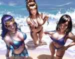  3girls bangle bangs bikini bikini_pull black_bikini black_hair blue_bikini bracelet breasts brigitte_(overwatch) brown_eyes brown_hair choker cleavage cote_d&#039;azur_widowmaker day earrings eye_of_horus eyewear_on_head facial_tattoo foreshortening from_above front-tie_bikini front-tie_top hair_pulled_back hoop_earrings jewelry large_breasts liang_xing lips long_hair looking_at_viewer looking_up multiple_girls outdoors overwatch parted_lips pharah_(overwatch) purple_bikini purple_eyes purple_hair sarong see-through signature smile sunglasses swept_bangs swimsuit tattoo untied untied_bikini water watermark web_address wet white-framed_eyewear white_choker widowmaker_(overwatch) yellow_eyes 