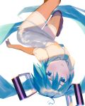  1girl :o agyou_sonokou_l ahoge arms_at_sides backlighting black_legwear blue_eyes blue_hair blue_neckwear blush breasts commentary_request detached_sleeves foot_out_of_frame from_above hatsune_miku heart_ahoge highres long_hair looking_at_viewer looking_up necktie number_tattoo parted_lips shaded_face shiny shiny_hair shirt shoulder_tattoo simple_background sleeveless sleeveless_shirt small_breasts solo sunlight tattoo thighhighs twintails upside-down very_long_hair vocaloid wakusei_loop_(vocaloid) white_background white_shirt wide-eyed zettai_ryouiki 
