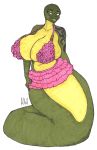  2019 anthro bare_shoulders big_(disambiguation) big_breasts bikini bottomwear breasts clothing female haibet hi_res humanoid_hands lips looking_at_viewer mature_female naga reptile scalie simple_background skirt snake solo swimwear tatto topwear traditional_media_(artwork) 