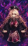  1girl absurdres angry animal_print arms_up black_dress black_headwear black_nails blonde_hair blood blood_from_mouth bloody_tears bright_pupils clenched_teeth cowboy_shot dress energy fingernails hair_between_eyes hat high_collar highres joker_(stjoker) junko_(touhou) long_hair pom_pom_(clothes) red_eyes ribbon scowl shaded_face sharp_fingernails sharp_teeth solo standing tabard teeth touhou tsurime very_long_hair yellow_neckwear yellow_ribbon 