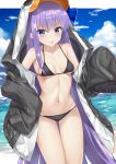  1girl :q animal_costume armpits bare_shoulders bikini black_bikini blue_eyes blue_sky blush breasts cloud collarbone fate/grand_order fate_(series) groin long_hair long_sleeves looking_at_viewer medium_breasts meltryllis meltryllis_(swimsuit_lancer)_(fate) navel penguin_costume purple_hair rong_yi_tan sidelocks sky smile solo standing stomach swimsuit thigh_gap tongue tongue_out very_long_hair 
