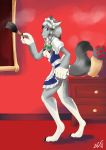  2016 6_breasts absurd_res anthro apron blue_eyes bottomless breasts butt canid canine canis claws clothed clothing clumsy feather_duster female flower grey_hair hair hi_res maid_uniform mammal mansion multi_breast plant sakuya_izayoi solo standing touhou transformation uniform video_games were werecanid werecanine werewolf witchfiend wolf 