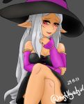  absurd_res blush clothed clothing dated digital_media_(artwork) elf female hair hat headgear headwear hi_res humanoid humanoid_pointy_ears long_hair nightlycatgirl not_furry red_eyes shirona sitting smile smug solo white_hair witch_hat 