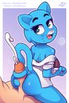  2019 anthro blue_eyes bodily_fluids bottomless cartoon_network clothed clothing cum cumshot domestic_cat duo ejaculation eyelashes faceless_male fangs felid feline felis female genital_fluids hot_dogging human human_on_anthro interspecies looking_back male male/female mammal nicole_watterson off_shoulder open_mouth orgasm penis sex tail_sex tailjob the_amazing_world_of_gumball the_other_half vein whiskers 